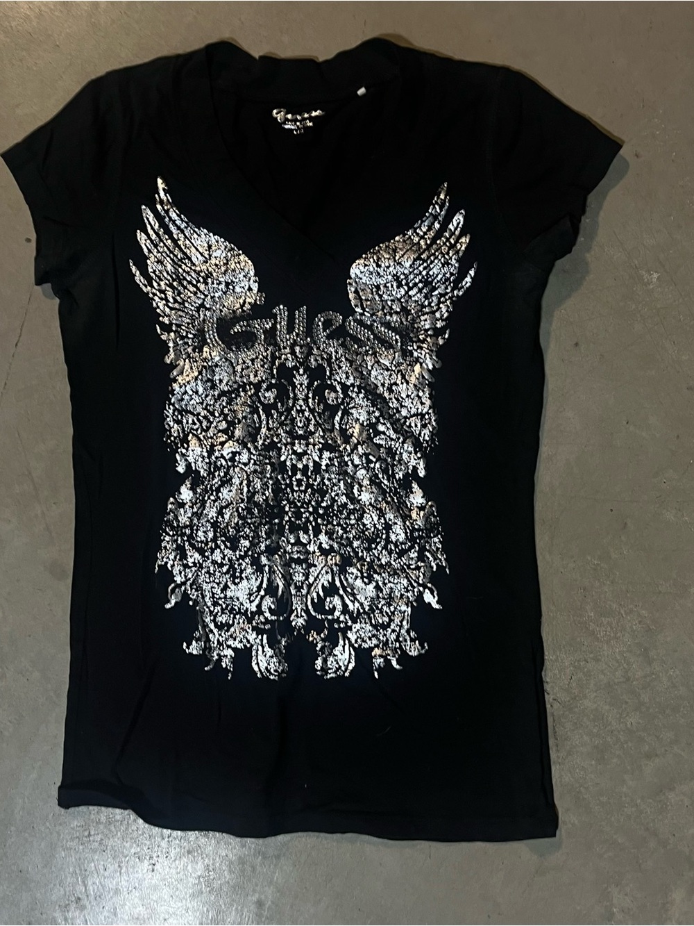 GUESS Black V-Neck Tee with Silver Wing Graphicw